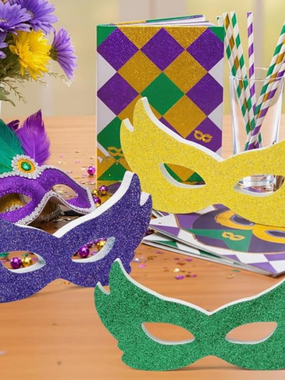 Mardi Gras 3Pcs Glitter Wood Masks Tiered Tray Decorations 8x4in each